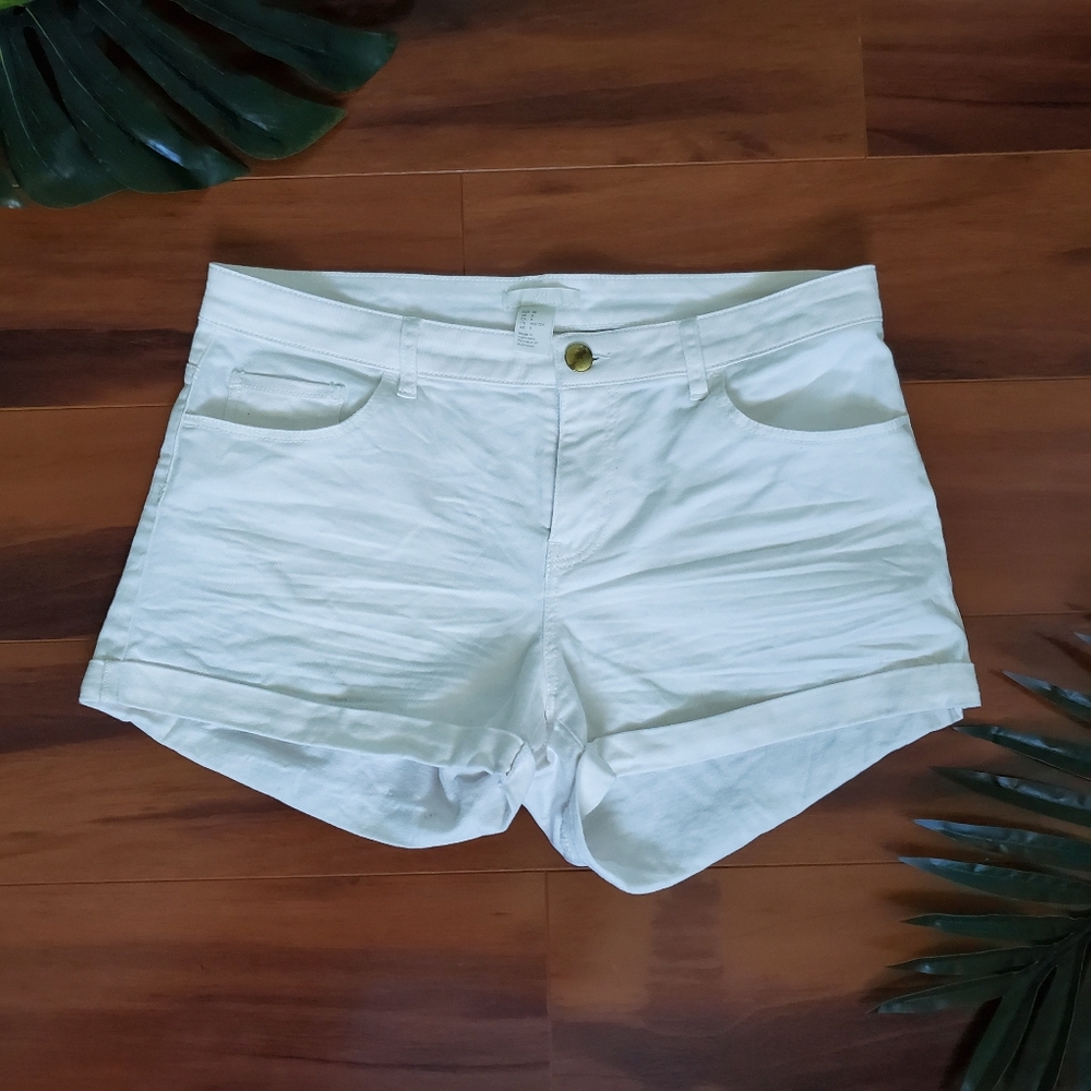White Faux-Denim Fitted Shorts